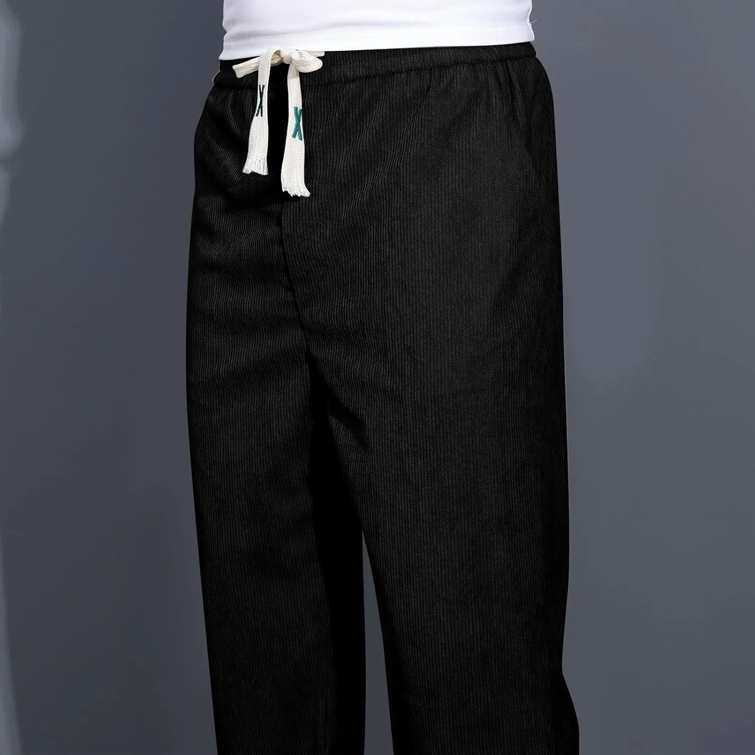Mens Corduroy Sweatpants Baggy Joggers Straight Leg Trousers Elastic Waist Pants Casual Drawstring Tracksuit Bottoms