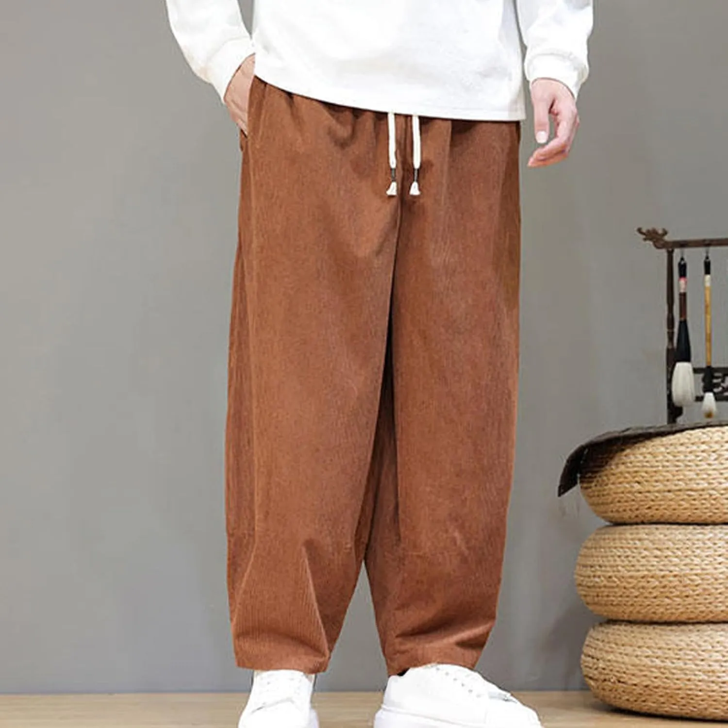 Men's Corduroy Trousers Casual Loose Drawstring Elastic Waist Streetwear Pants Plus Size Outdoor Baggy Hiking Pant