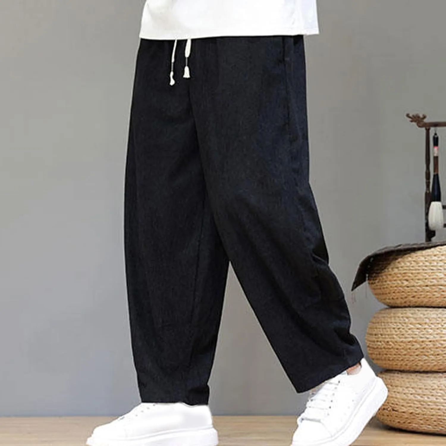 Men's Corduroy Trousers Casual Loose Drawstring Elastic Waist Streetwear Pants Plus Size Outdoor Baggy Hiking Pant