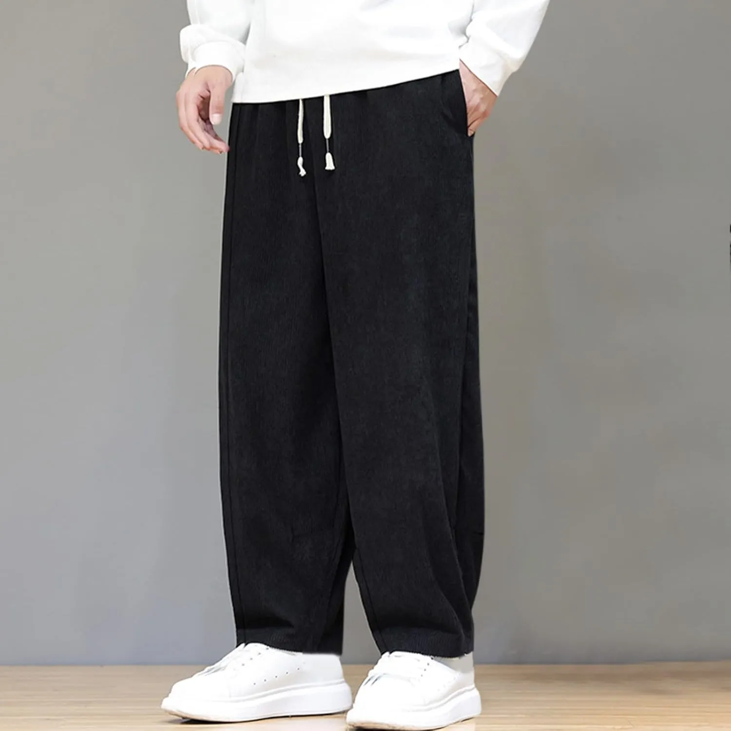 Men's Corduroy Trousers Casual Loose Drawstring Elastic Waist Streetwear Pants Plus Size Outdoor Baggy Hiking Pant