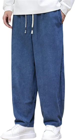 Men's Corduroy Trousers Casual Loose Drawstring Elastic Waist Streetwear Pants Plus Size Outdoor Baggy Hiking Pant
