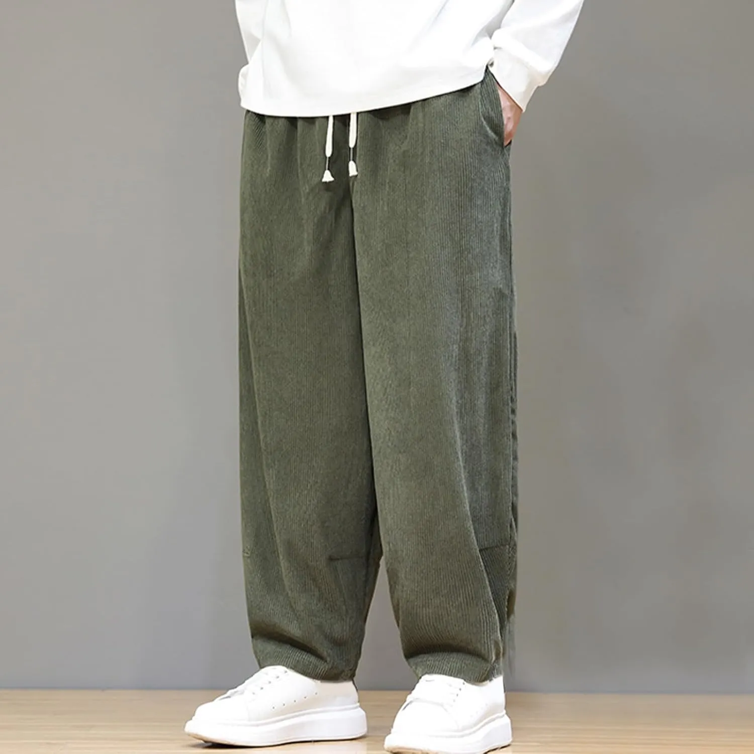 Men's Corduroy Trousers Casual Loose Drawstring Elastic Waist Streetwear Pants Plus Size Outdoor Baggy Hiking Pant