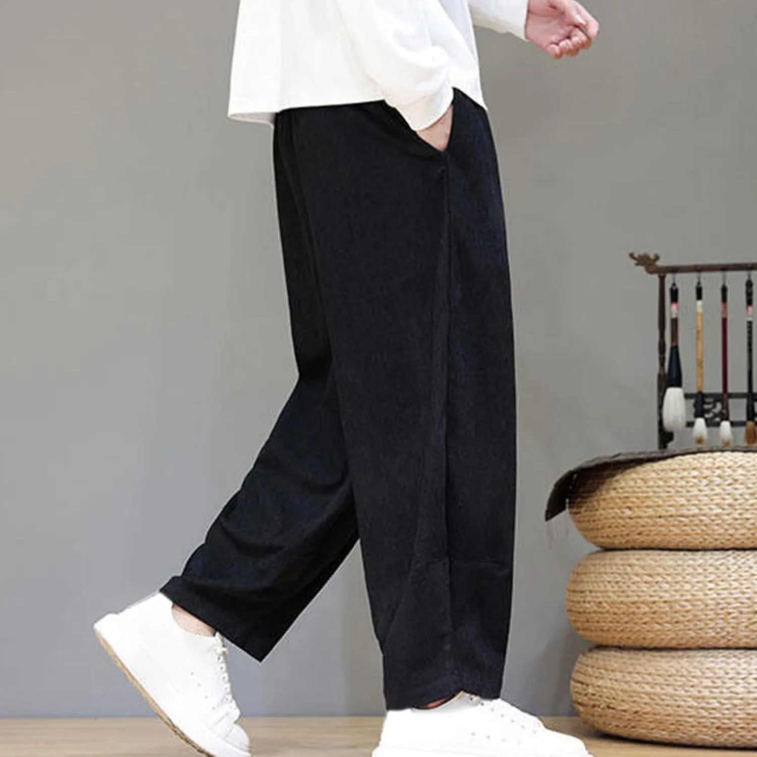 Men's Corduroy Trousers Casual Loose Drawstring Elastic Waist Streetwear Pants Plus Size Outdoor Baggy Hiking Pant