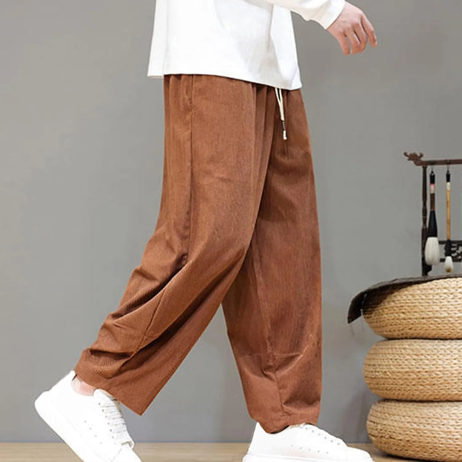 Men's Corduroy Trousers Casual Loose Drawstring Elastic Waist Streetwear Pants Plus Size Outdoor Baggy Hiking Pant