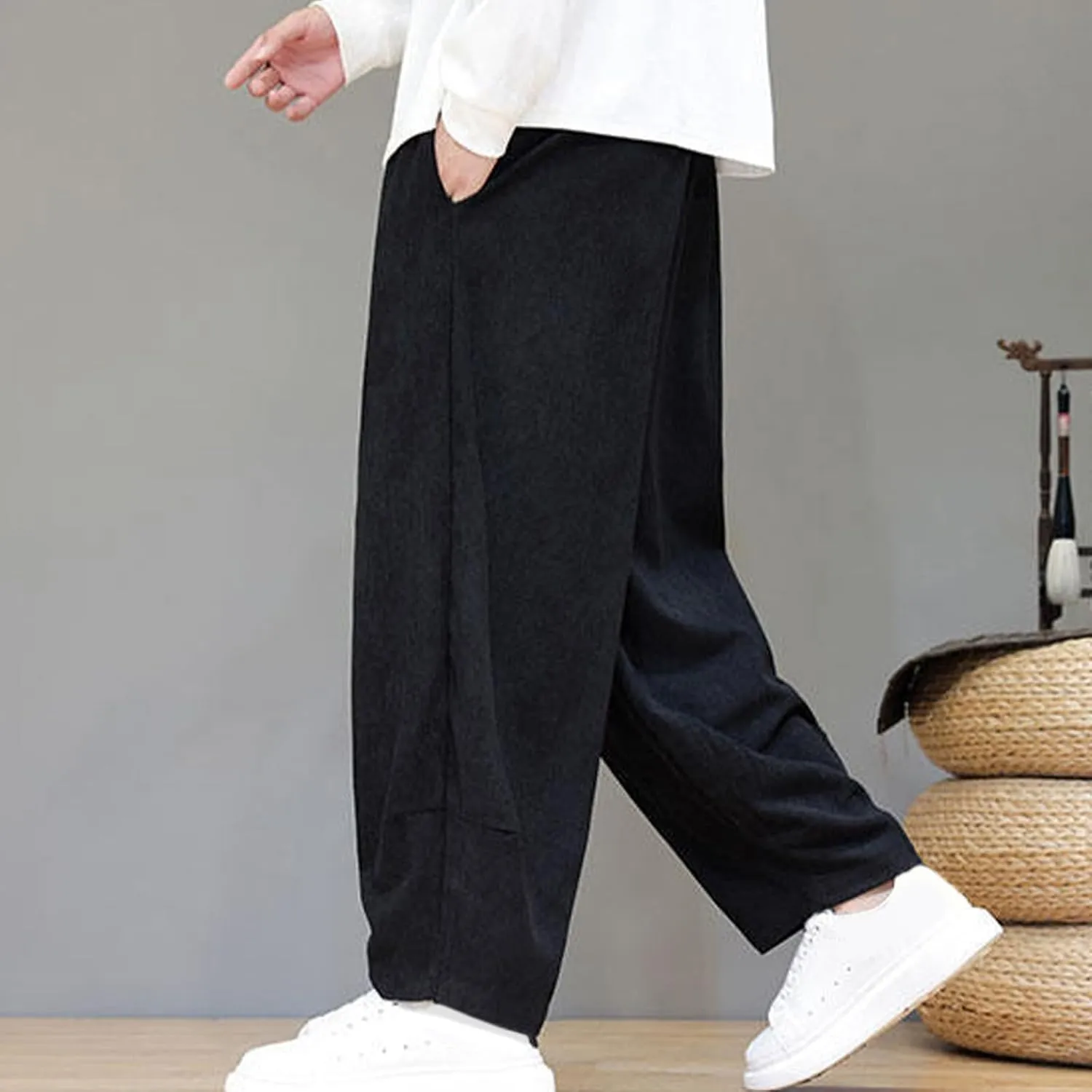 Men's Corduroy Trousers Casual Loose Drawstring Elastic Waist Streetwear Pants Plus Size Outdoor Baggy Hiking Pant