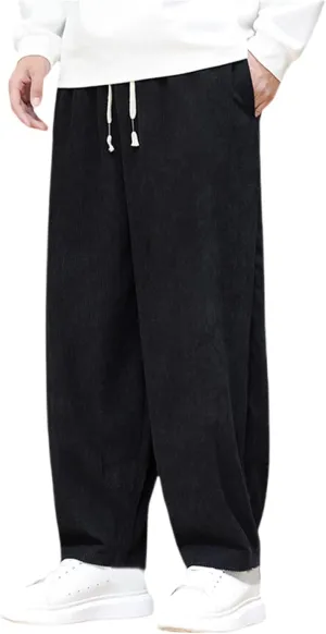 Men's Corduroy Trousers Casual Loose Drawstring Elastic Waist Streetwear Pants Plus Size Outdoor Baggy Hiking Pant