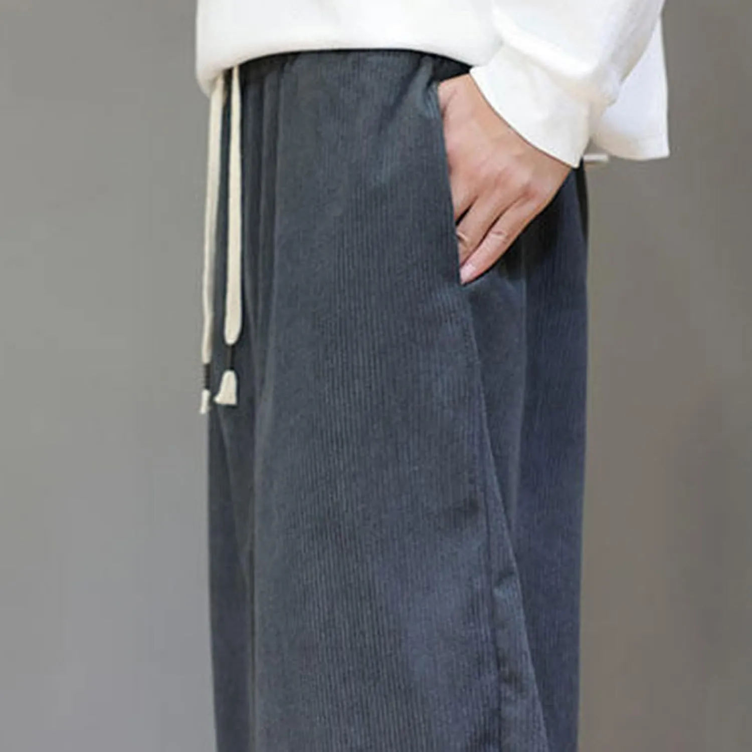 Men's Corduroy Trousers Casual Loose Drawstring Elastic Waist Streetwear Pants Plus Size Outdoor Baggy Hiking Pant