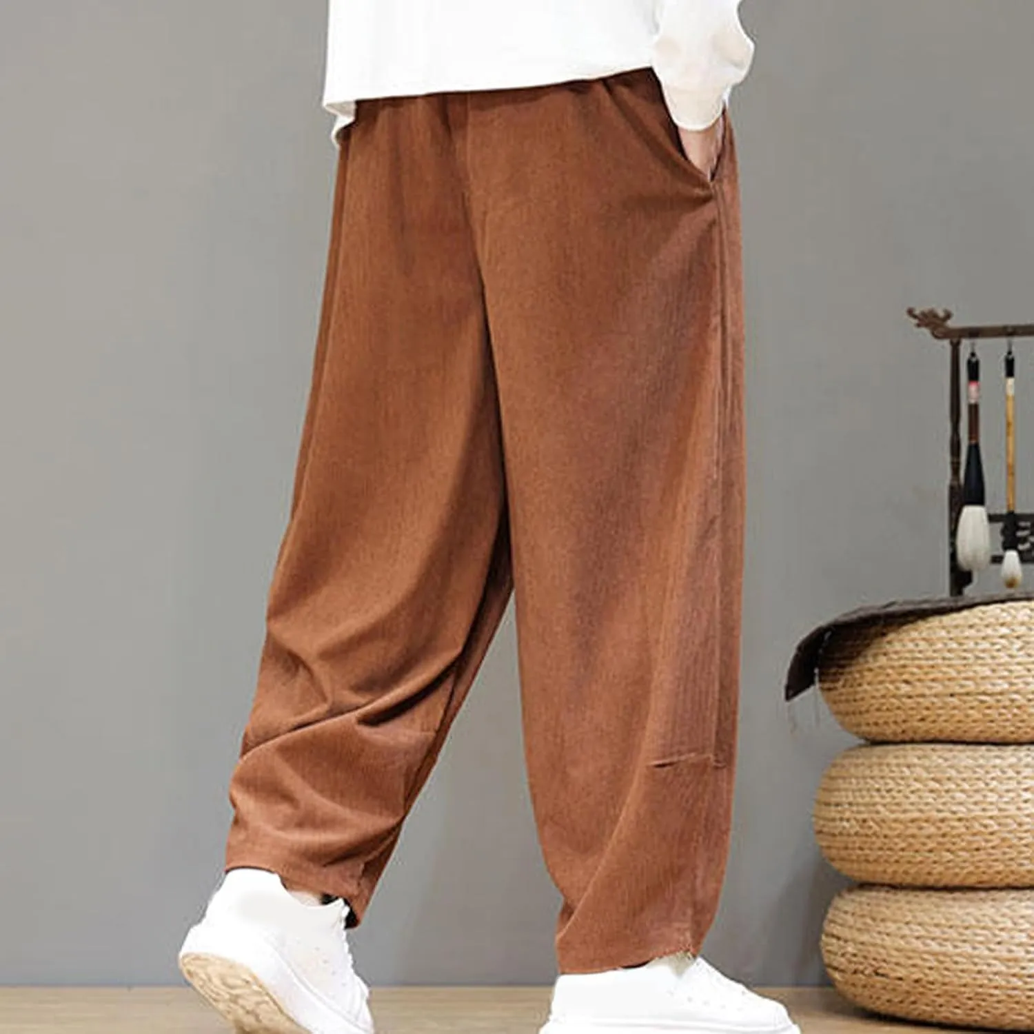 Men's Corduroy Trousers Casual Loose Drawstring Elastic Waist Streetwear Pants Plus Size Outdoor Baggy Hiking Pant