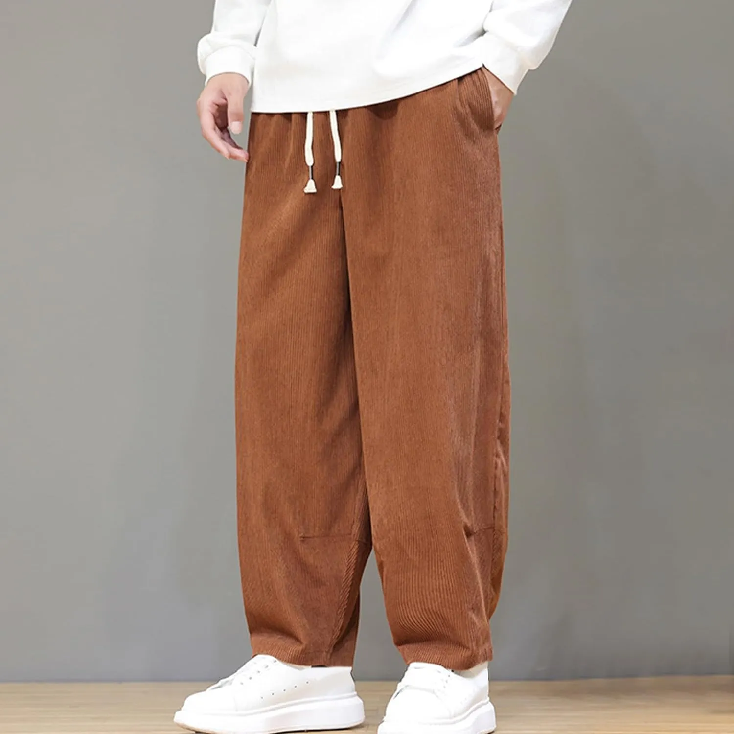 Men's Corduroy Trousers Casual Loose Drawstring Elastic Waist Streetwear Pants Plus Size Outdoor Baggy Hiking Pant