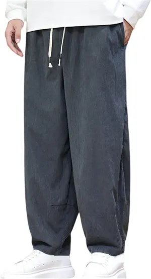 Men's Corduroy Trousers Casual Loose Drawstring Elastic Waist Streetwear Pants Plus Size Outdoor Baggy Hiking Pant