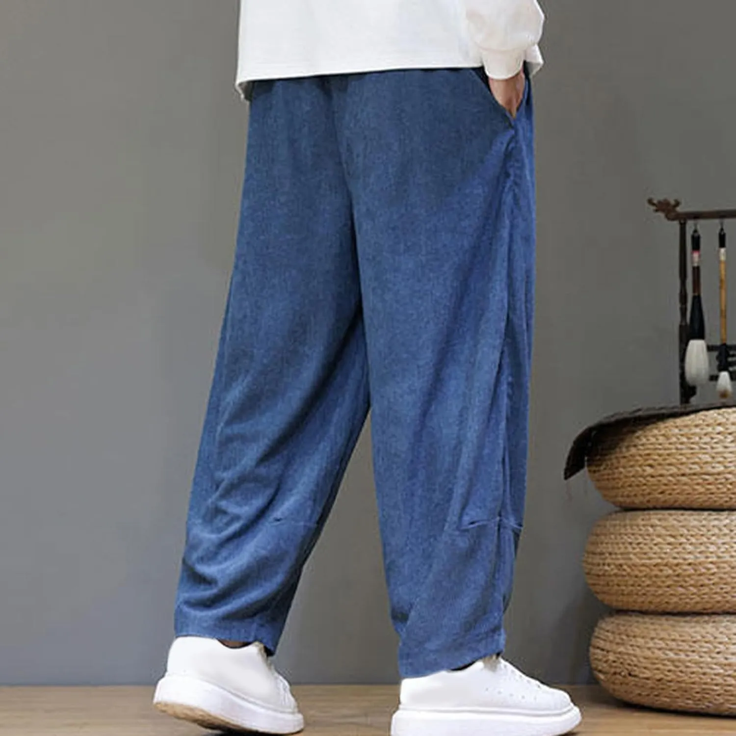 Men's Corduroy Trousers Casual Loose Drawstring Elastic Waist Streetwear Pants Plus Size Outdoor Baggy Hiking Pant