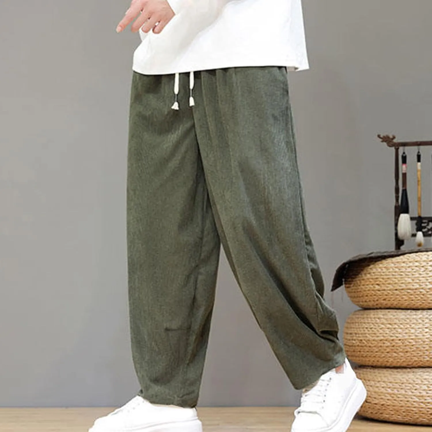 Men's Corduroy Trousers Casual Loose Drawstring Elastic Waist Streetwear Pants Plus Size Outdoor Baggy Hiking Pant