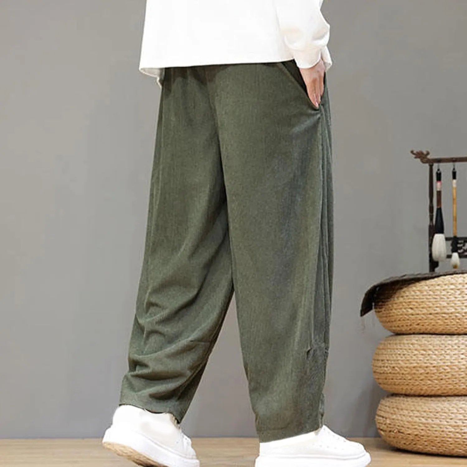Men's Corduroy Trousers Casual Loose Drawstring Elastic Waist Streetwear Pants Plus Size Outdoor Baggy Hiking Pant