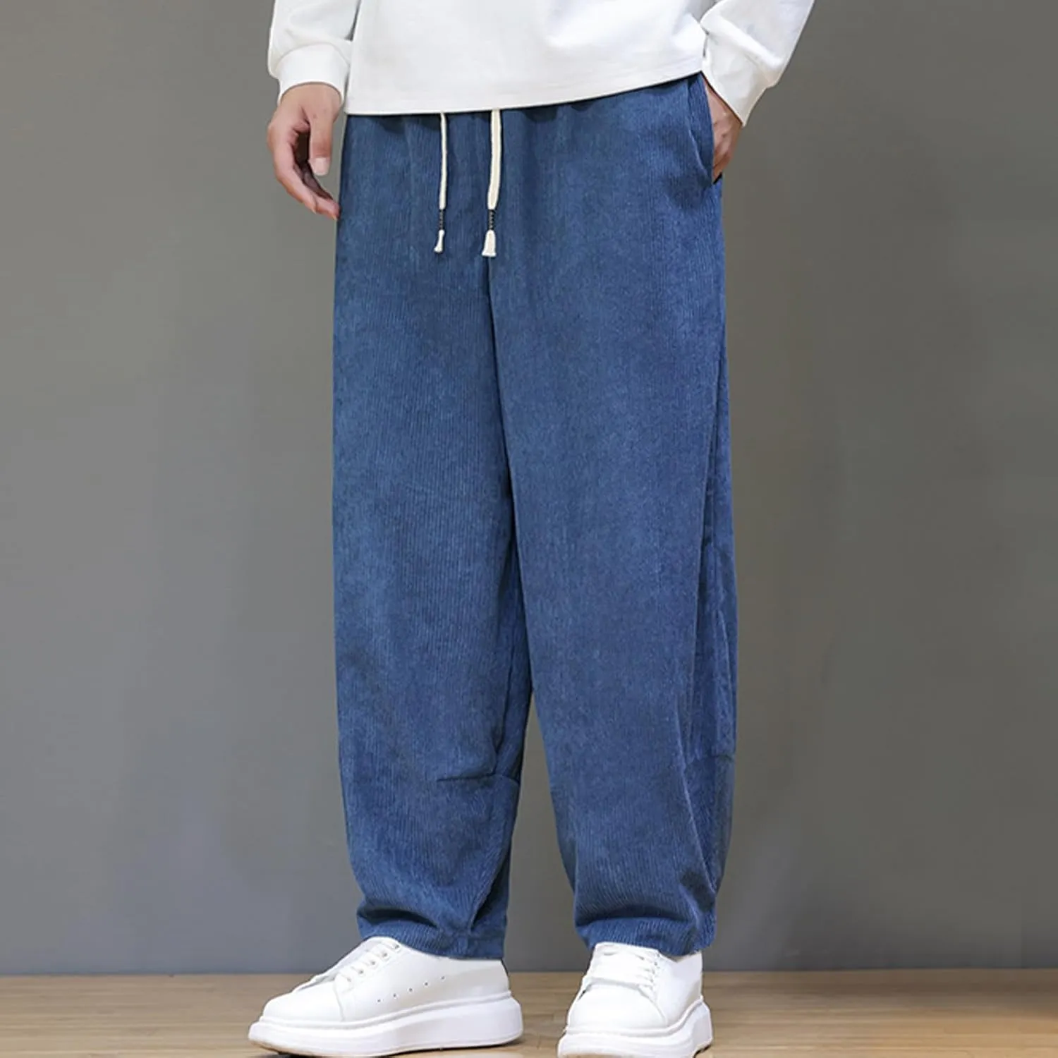 Men's Corduroy Trousers Casual Loose Drawstring Elastic Waist Streetwear Pants Plus Size Outdoor Baggy Hiking Pant