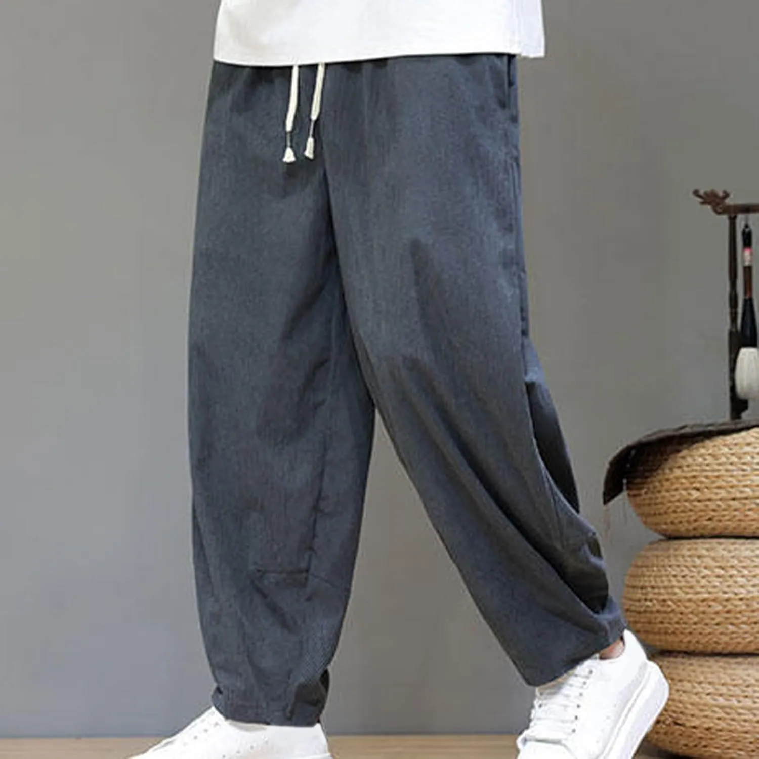 Men's Corduroy Trousers Casual Loose Drawstring Elastic Waist Streetwear Pants Plus Size Outdoor Baggy Hiking Pant