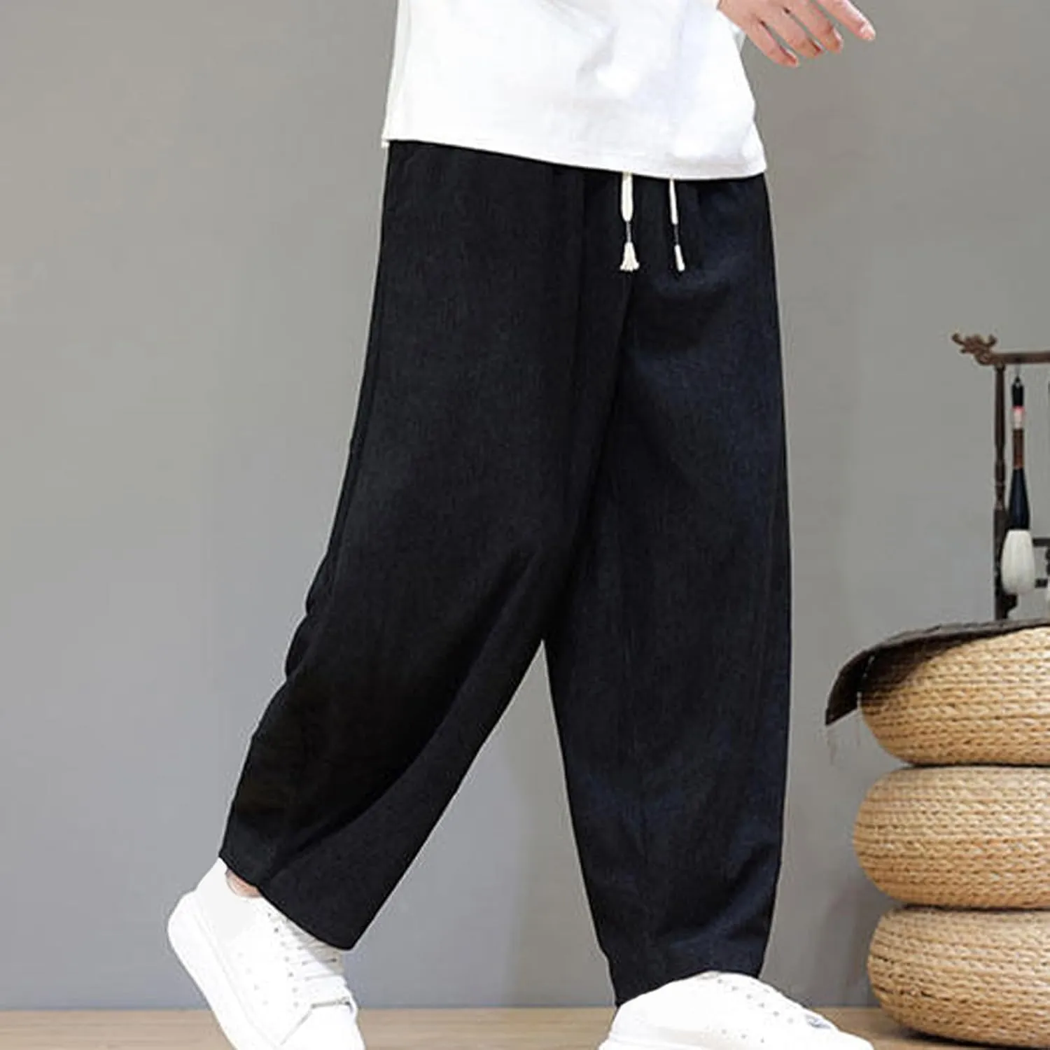 Men's Corduroy Trousers Casual Loose Drawstring Elastic Waist Streetwear Pants Plus Size Outdoor Baggy Hiking Pant