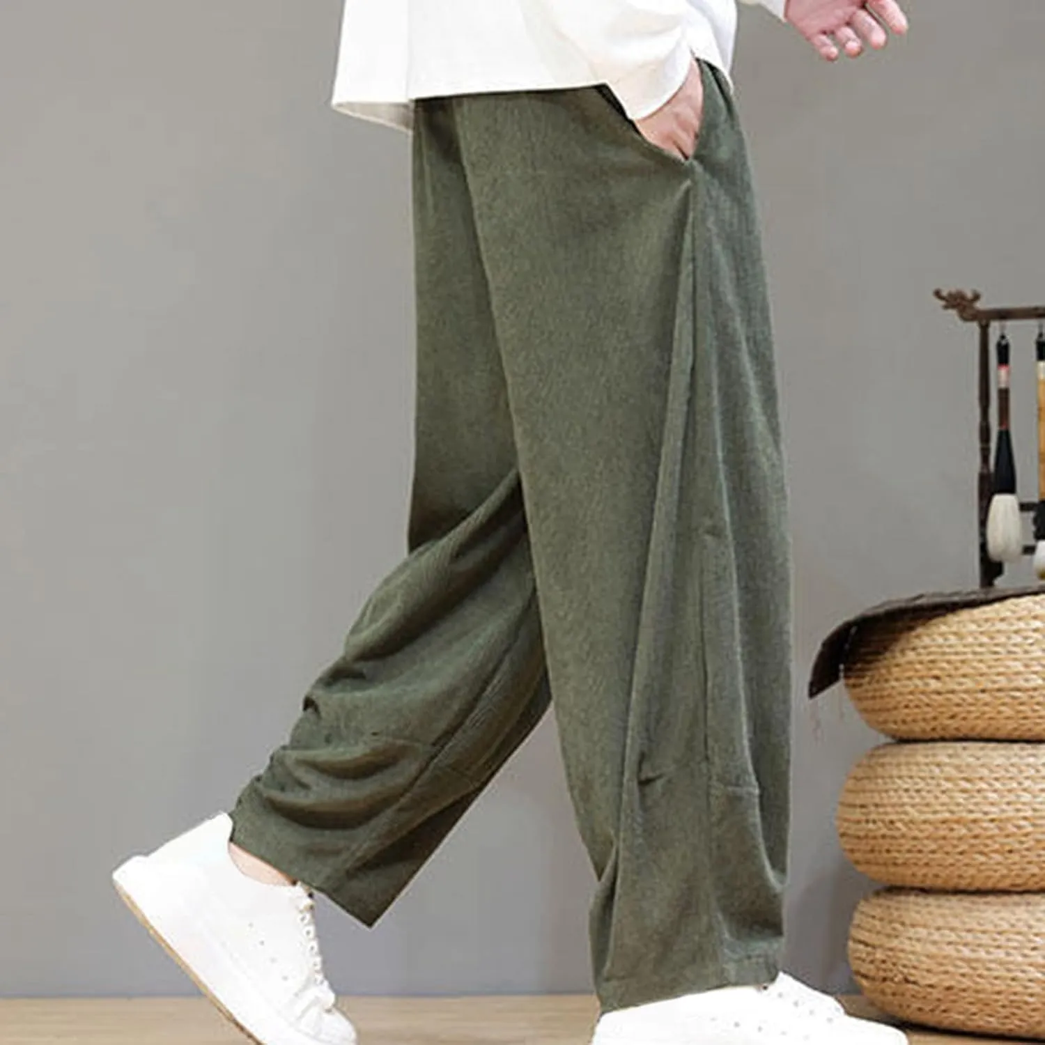 Men's Corduroy Trousers Casual Loose Drawstring Elastic Waist Streetwear Pants Plus Size Outdoor Baggy Hiking Pant