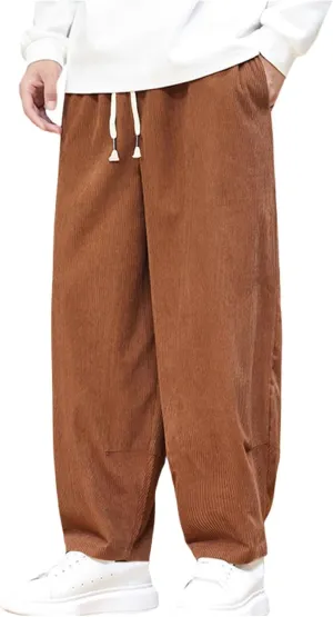 Men's Corduroy Trousers Casual Loose Drawstring Elastic Waist Streetwear Pants Plus Size Outdoor Baggy Hiking Pant