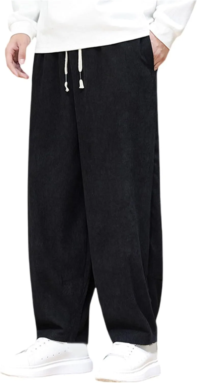 Men's Corduroy Trousers Casual Loose Drawstring Elastic Waist Streetwear Pants Plus Size Outdoor Baggy Hiking Pant
