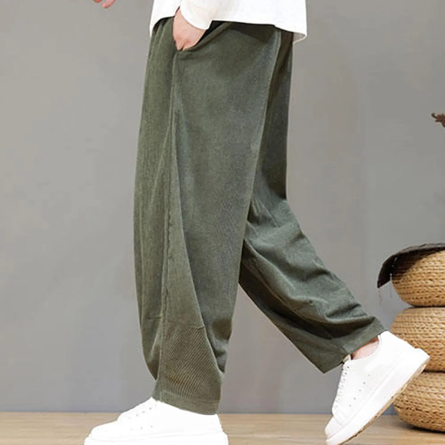 Men's Corduroy Trousers Casual Loose Drawstring Elastic Waist Streetwear Pants Plus Size Outdoor Baggy Hiking Pant
