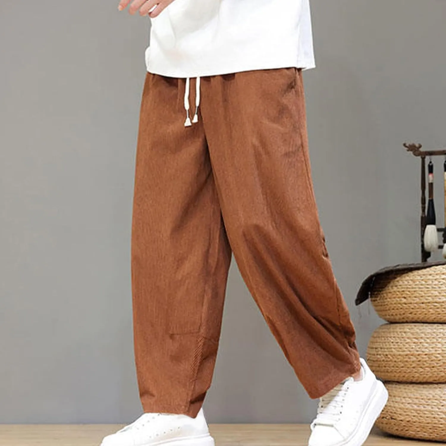 Men's Corduroy Trousers Casual Loose Drawstring Elastic Waist Streetwear Pants Plus Size Outdoor Baggy Hiking Pant