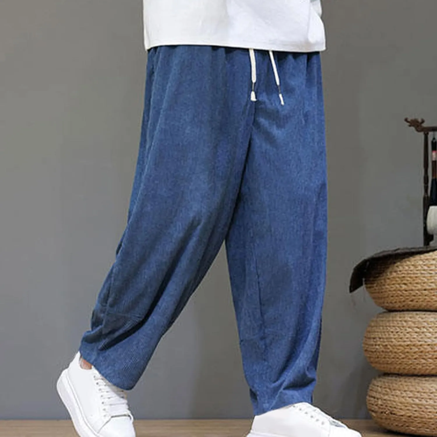Men's Corduroy Trousers Casual Loose Drawstring Elastic Waist Streetwear Pants Plus Size Outdoor Baggy Hiking Pant