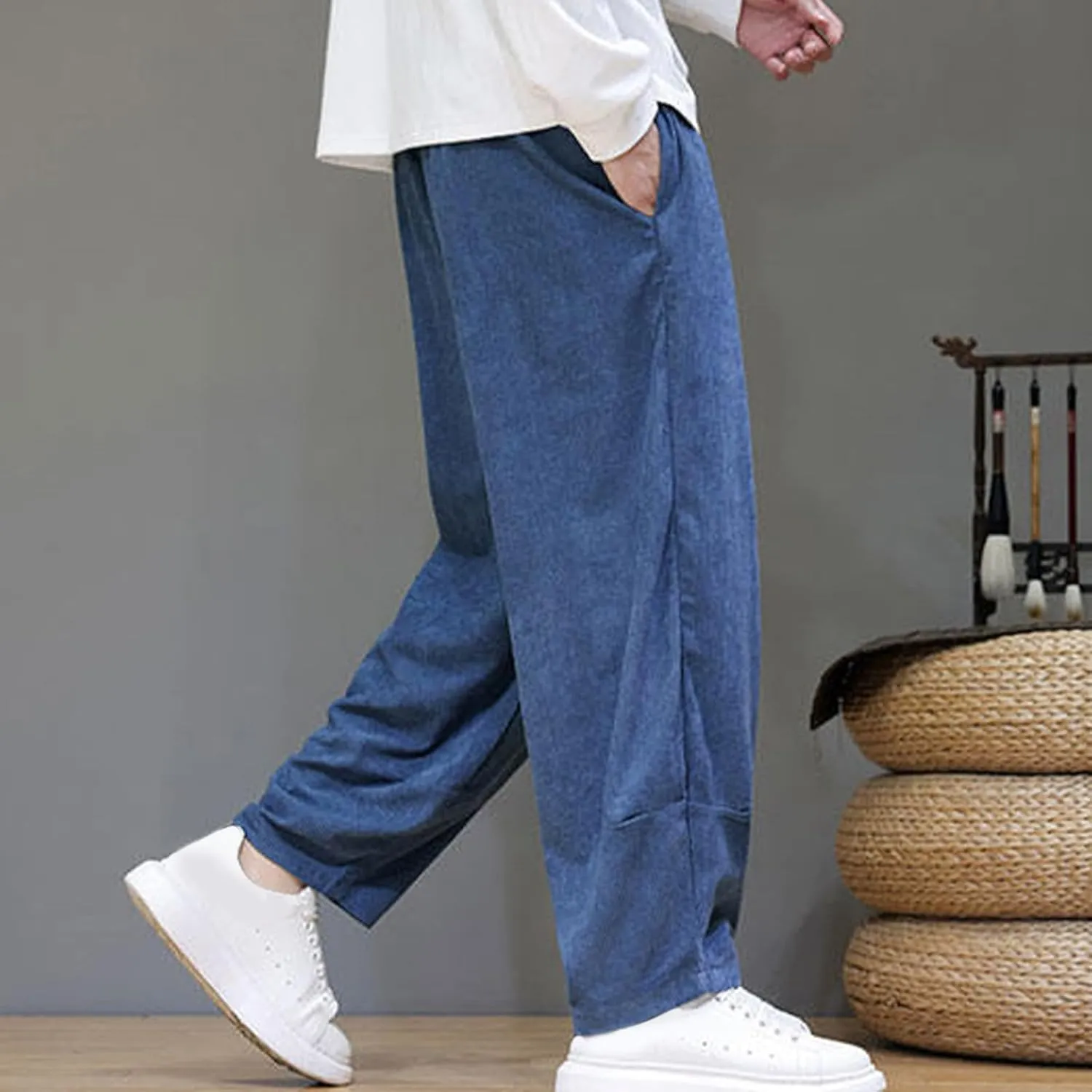 Men's Corduroy Trousers Casual Loose Drawstring Elastic Waist Streetwear Pants Plus Size Outdoor Baggy Hiking Pant
