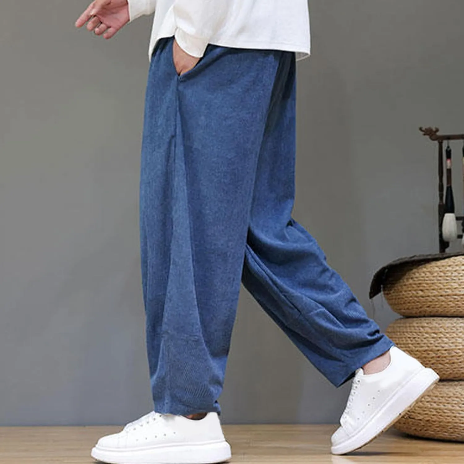 Men's Corduroy Trousers Casual Loose Drawstring Elastic Waist Streetwear Pants Plus Size Outdoor Baggy Hiking Pant