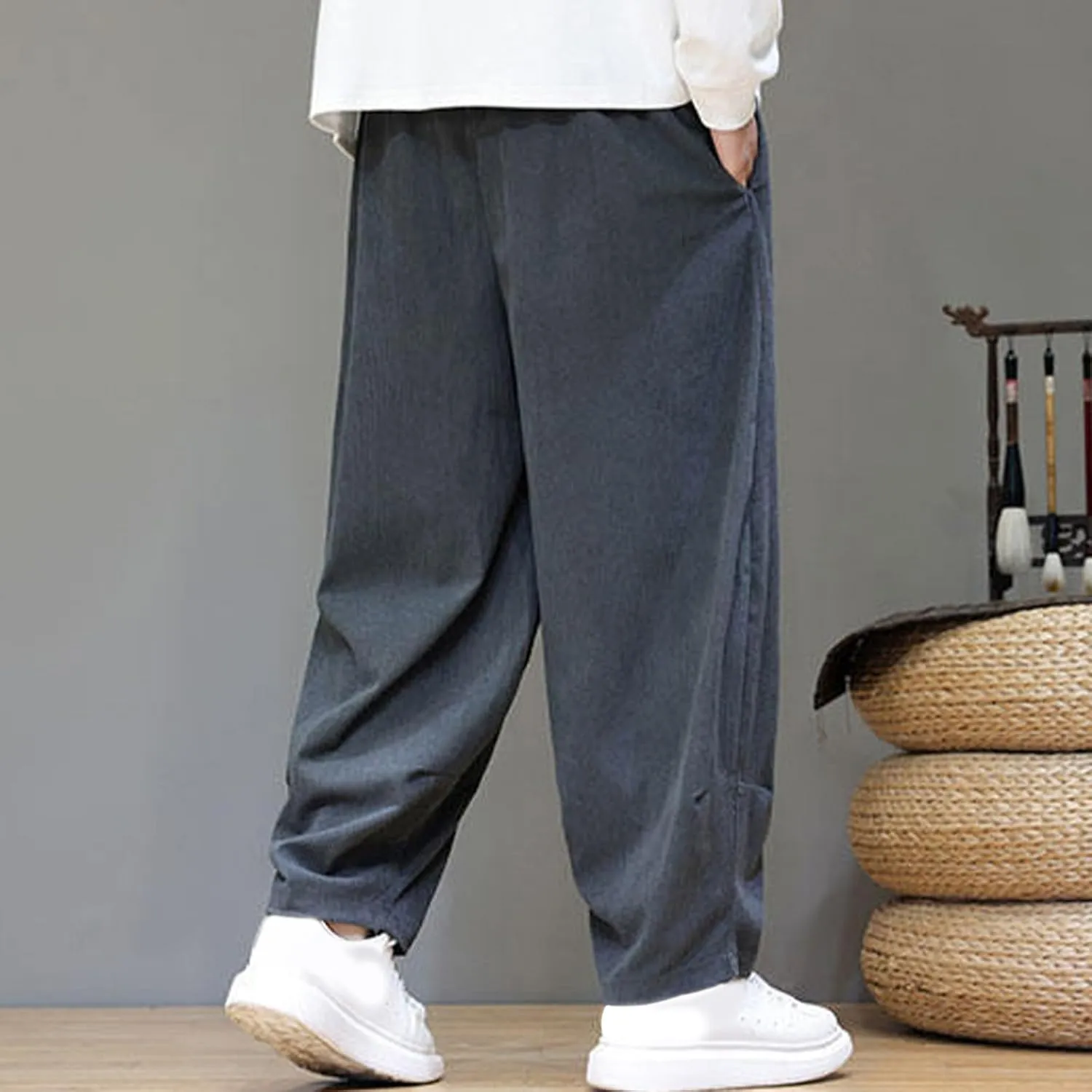 Men's Corduroy Trousers Casual Loose Drawstring Elastic Waist Streetwear Pants Plus Size Outdoor Baggy Hiking Pant