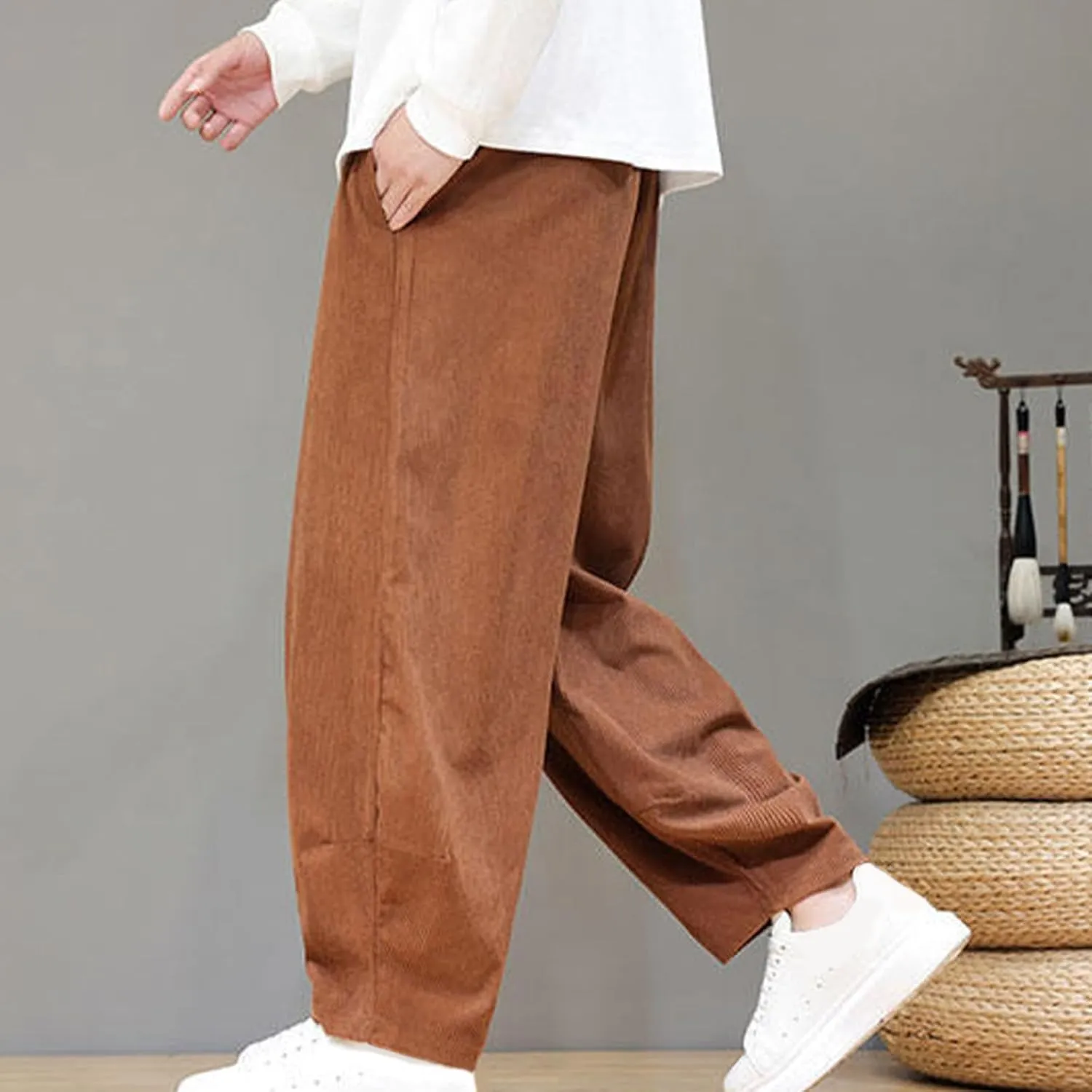 Men's Corduroy Trousers Casual Loose Drawstring Elastic Waist Streetwear Pants Plus Size Outdoor Baggy Hiking Pant