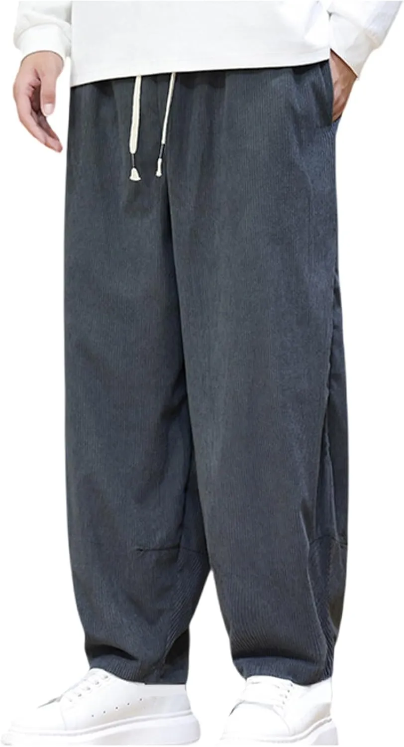 Men's Corduroy Trousers Casual Loose Drawstring Elastic Waist Streetwear Pants Plus Size Outdoor Baggy Hiking Pant