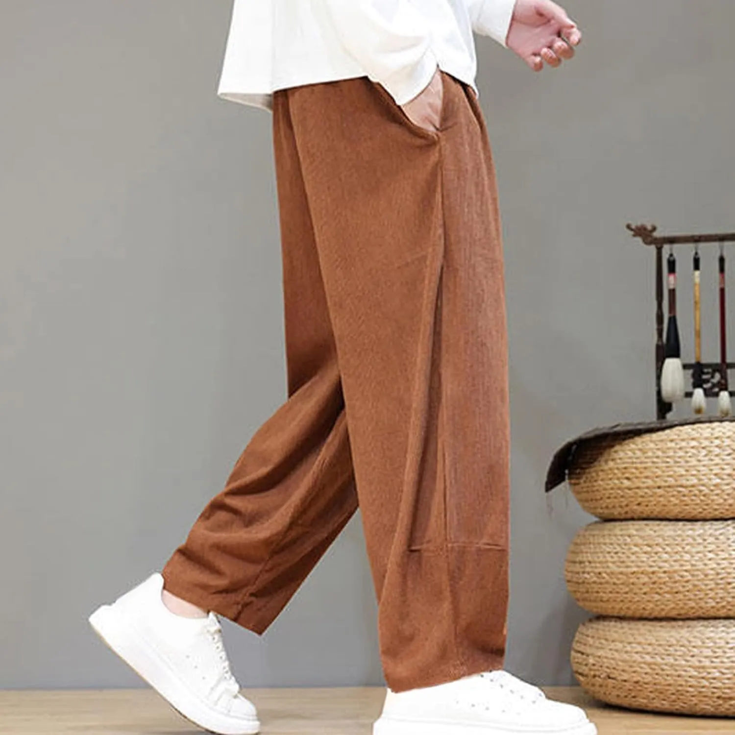 Men's Corduroy Trousers Casual Loose Drawstring Elastic Waist Streetwear Pants Plus Size Outdoor Baggy Hiking Pant