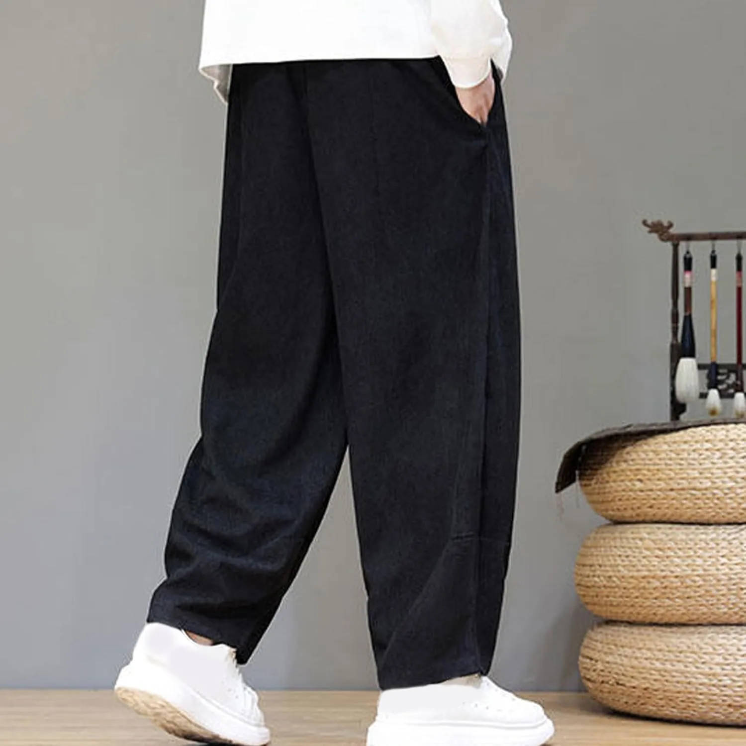 Men's Corduroy Trousers Casual Loose Drawstring Elastic Waist Streetwear Pants Plus Size Outdoor Baggy Hiking Pant