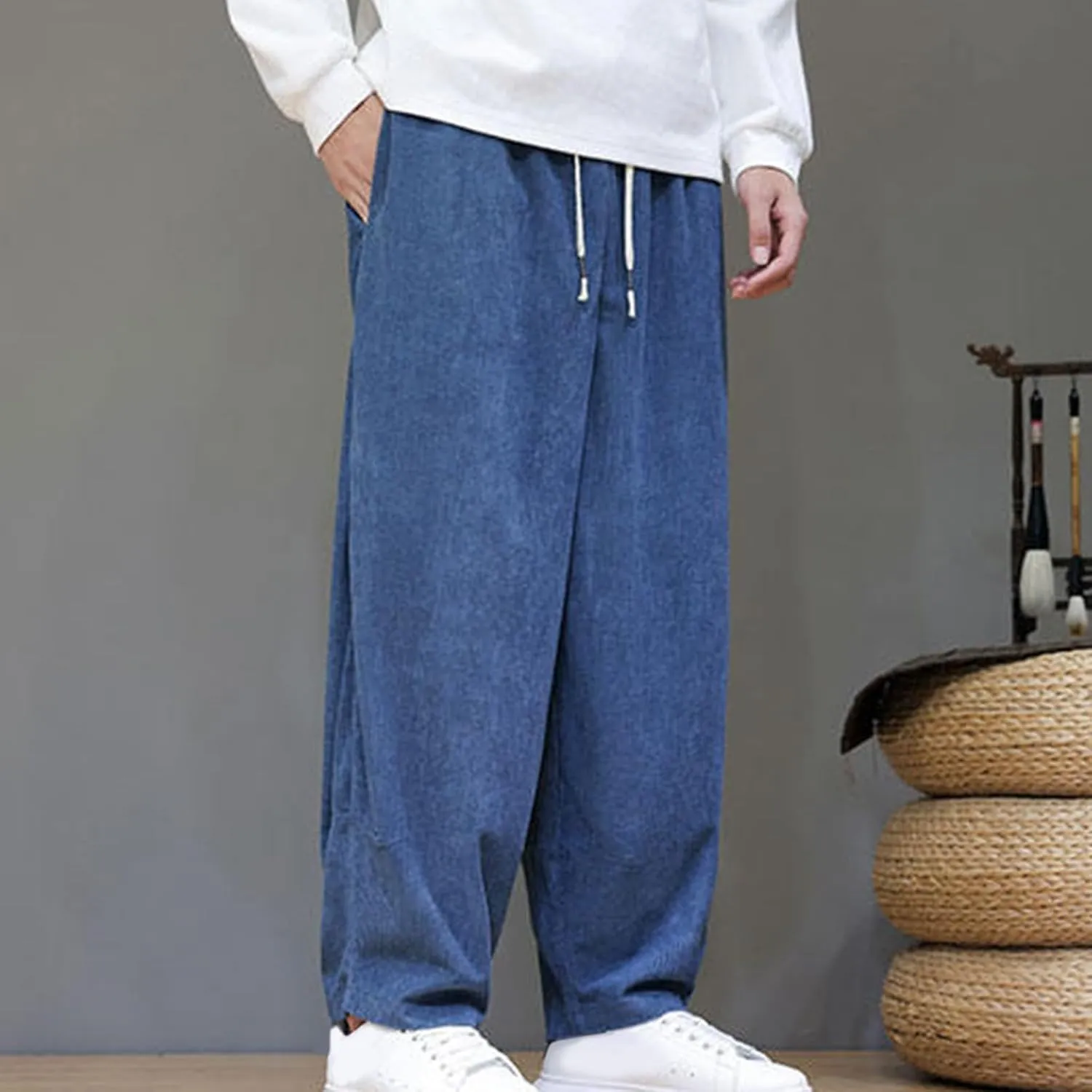 Men's Corduroy Trousers Casual Loose Drawstring Elastic Waist Streetwear Pants Plus Size Outdoor Baggy Hiking Pant