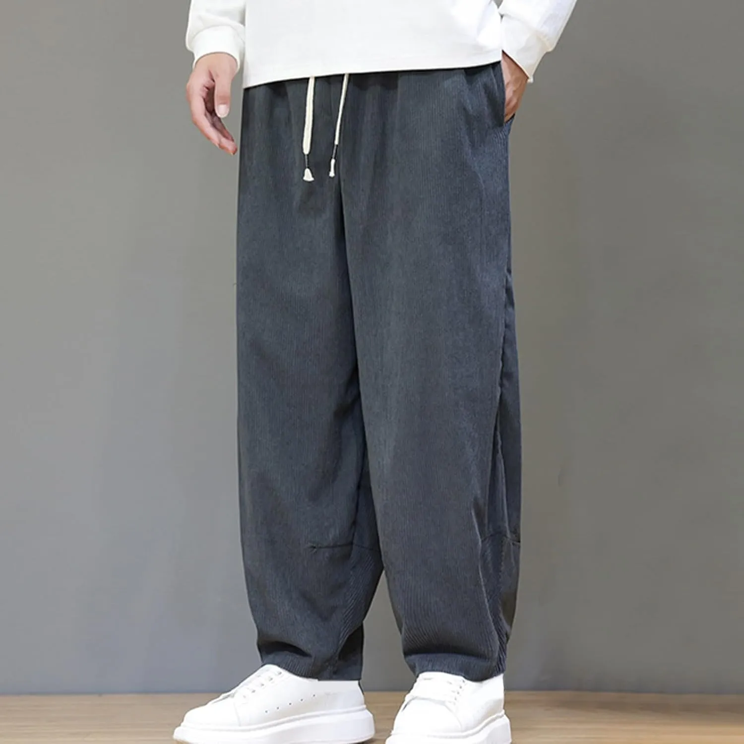 Men's Corduroy Trousers Casual Loose Drawstring Elastic Waist Streetwear Pants Plus Size Outdoor Baggy Hiking Pant