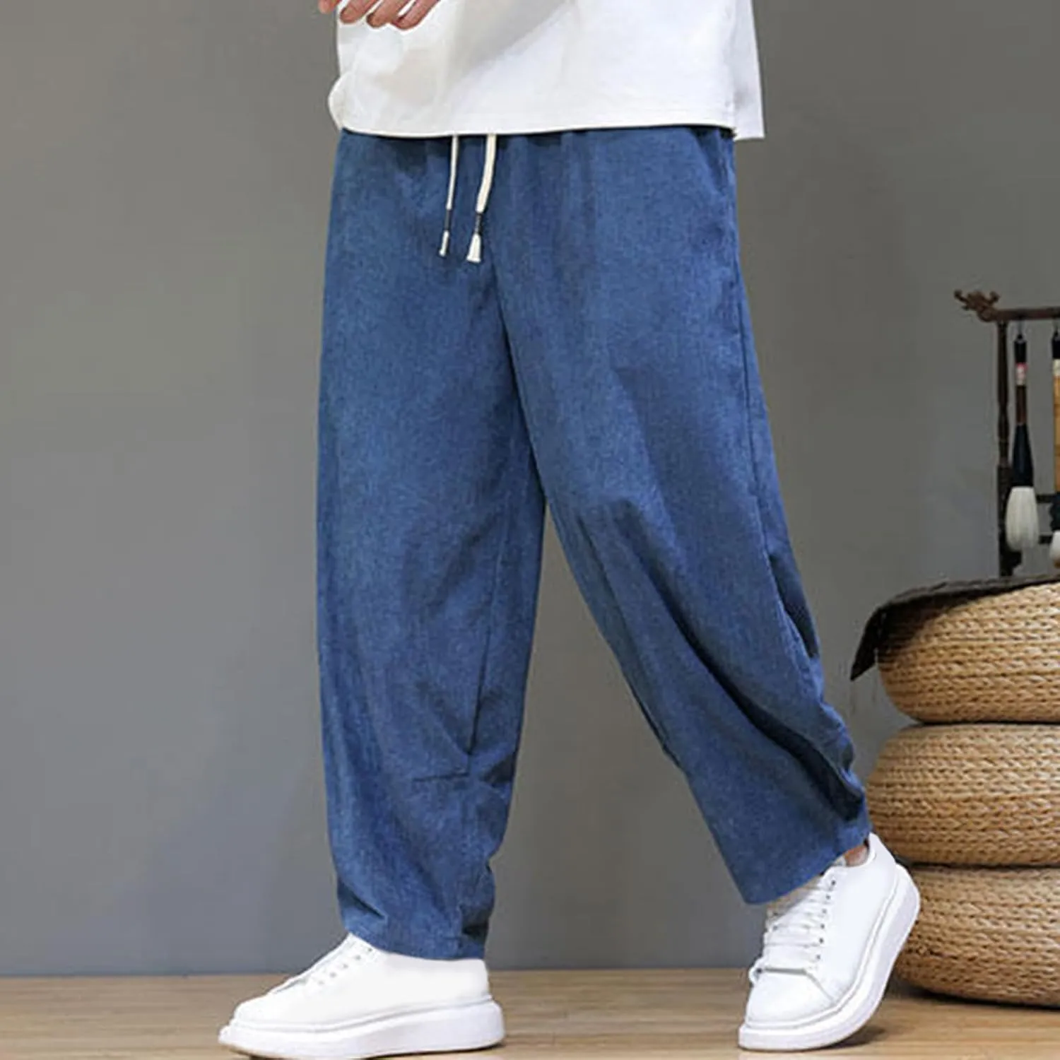 Men's Corduroy Trousers Casual Loose Drawstring Elastic Waist Streetwear Pants Plus Size Outdoor Baggy Hiking Pant