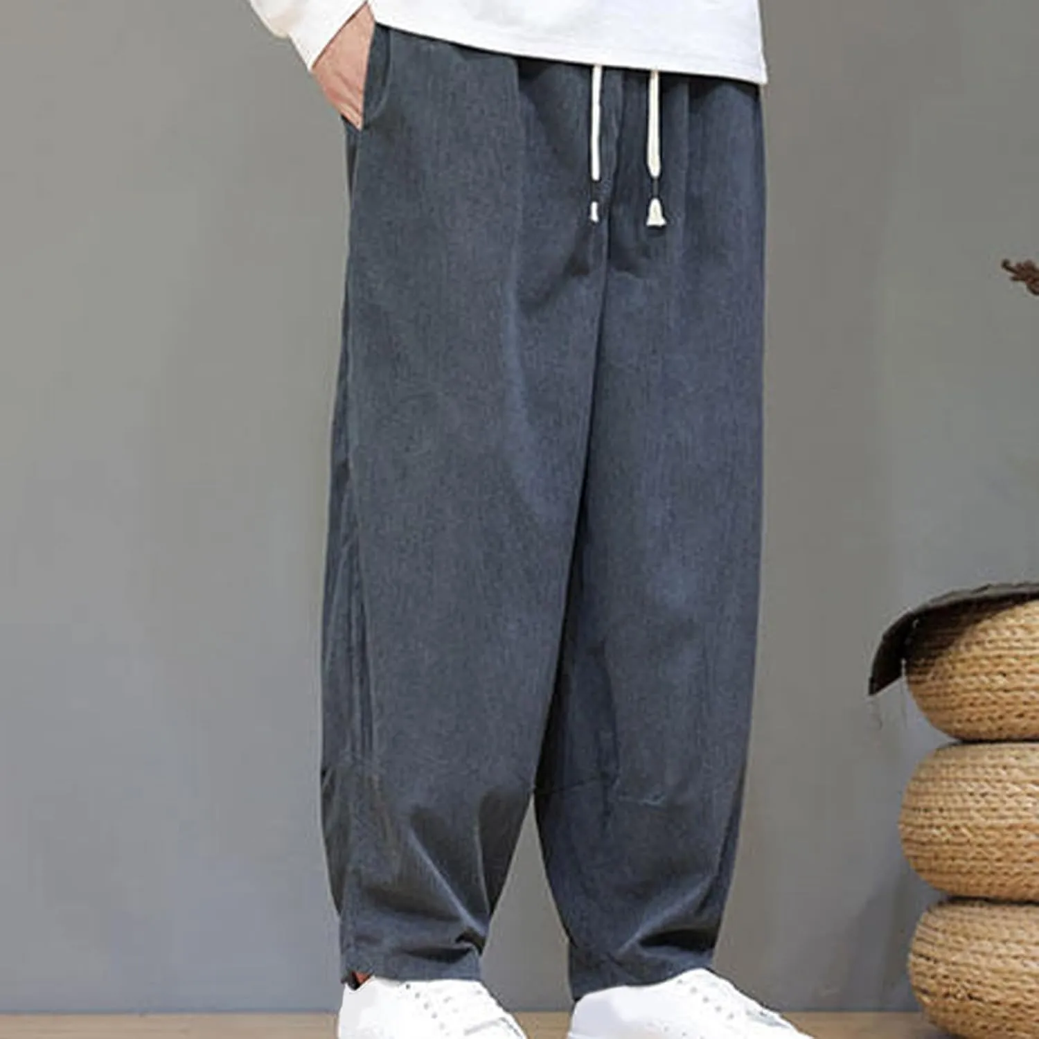 Men's Corduroy Trousers Casual Loose Drawstring Elastic Waist Streetwear Pants Plus Size Outdoor Baggy Hiking Pant