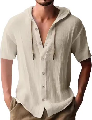 Mens Cotton Linen Henley Shirts with Hood Casual V Neck Drawstring Long Sleeve Hooded Sweatshirt Summer Button Shirt