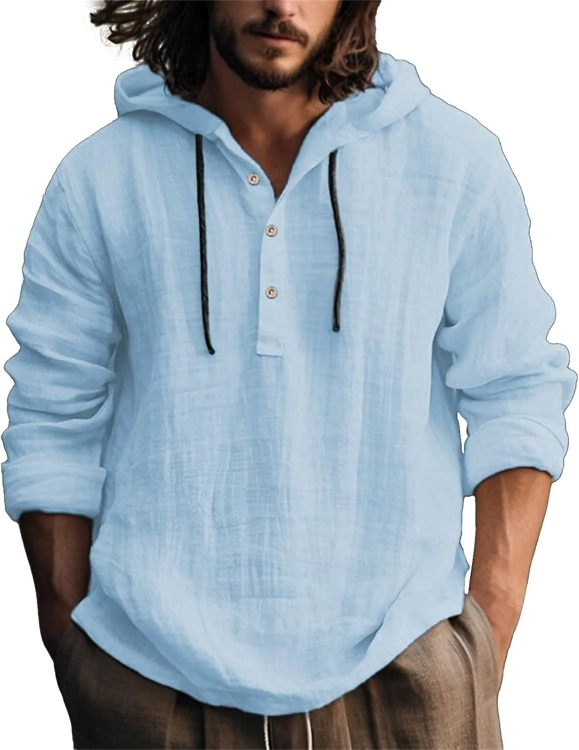 Mens Cotton Linen Henley Shirts with Hood Casual V Neck Drawstring Long Sleeve Hooded Sweatshirt Summer Button Shirt