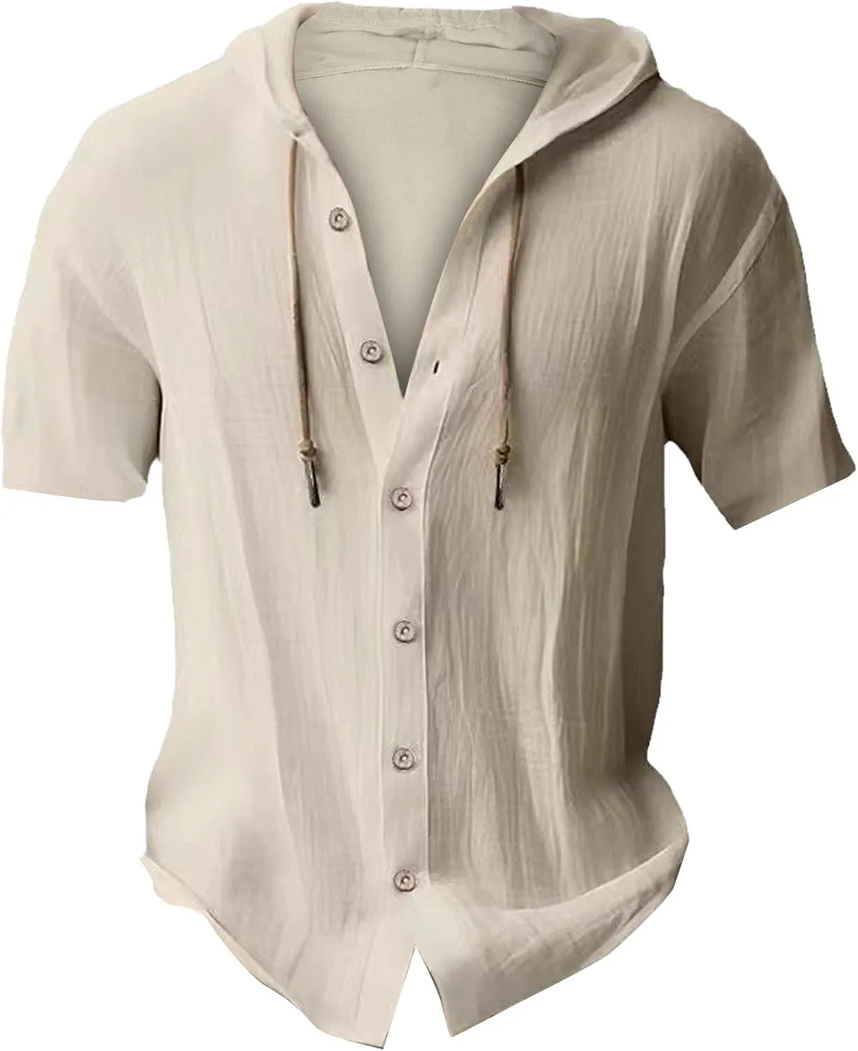 Mens Cotton Linen Henley Shirts with Hood Casual V Neck Drawstring Long Sleeve Hooded Sweatshirt Summer Button Shirt