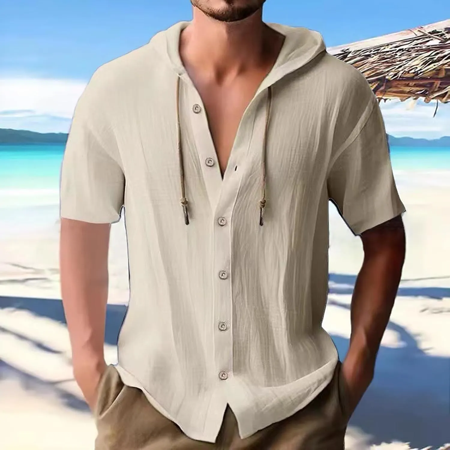 Mens Cotton Linen Henley Shirts with Hood Casual V Neck Drawstring Long Sleeve Hooded Sweatshirt Summer Button Shirt