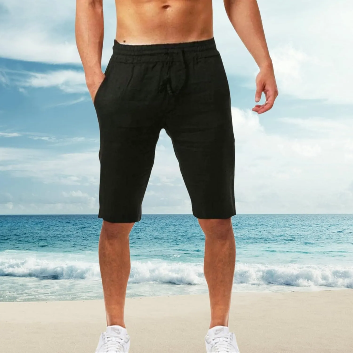 Mens Cotton Linen Shorts Elastic Waist Drawstring Summer Pant Baggy Cool Lightweight Outing Lounge Shorts with Pocket