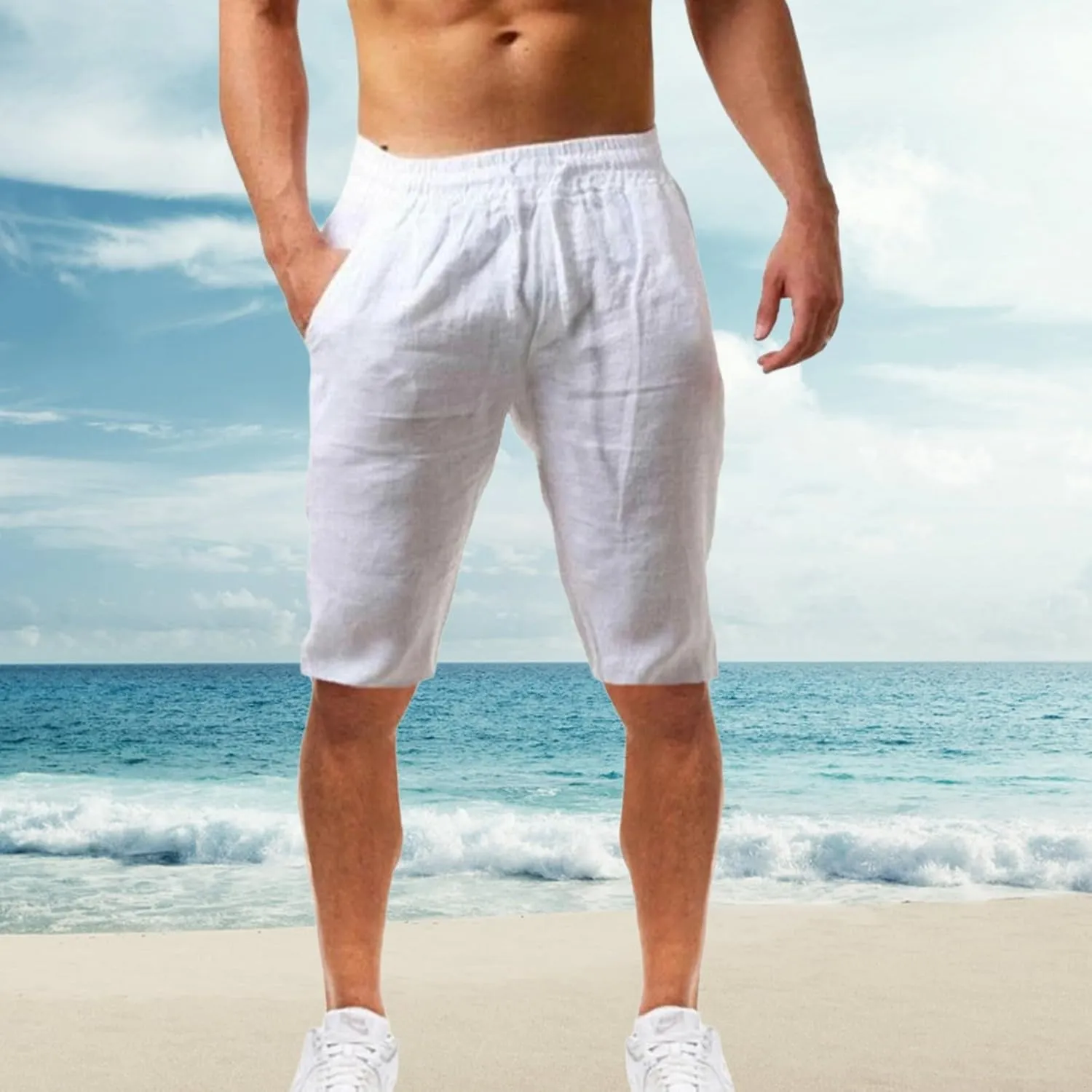 Mens Cotton Linen Shorts Elastic Waist Drawstring Summer Pant Baggy Cool Lightweight Outing Lounge Shorts with Pocket