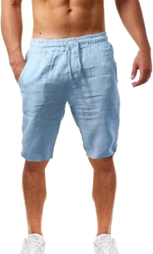 Mens Cotton Linen Shorts Elastic Waist Drawstring Summer Pant Baggy Cool Lightweight Outing Lounge Shorts with Pocket