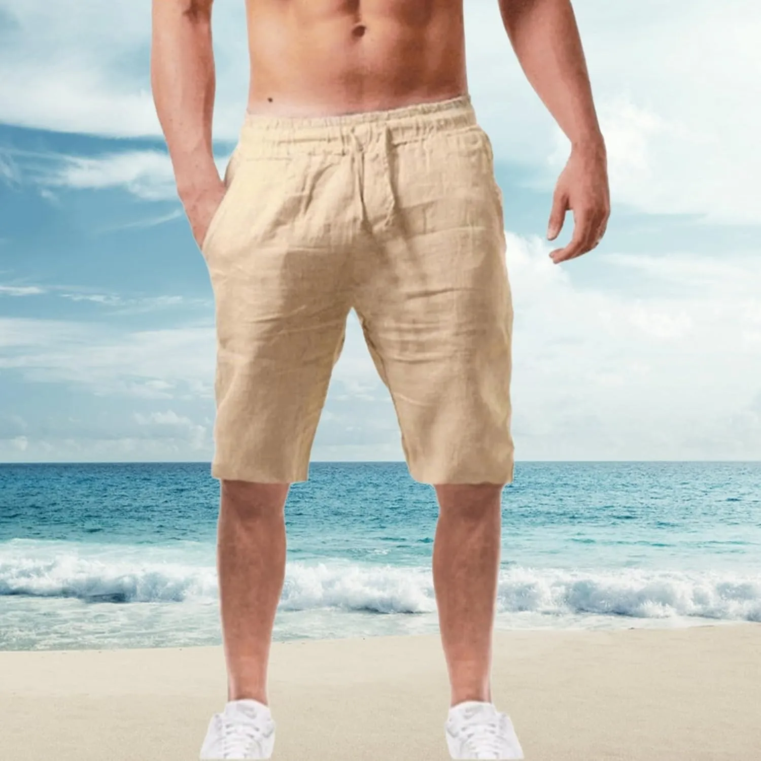 Mens Cotton Linen Shorts Elastic Waist Drawstring Summer Pant Baggy Cool Lightweight Outing Lounge Shorts with Pocket