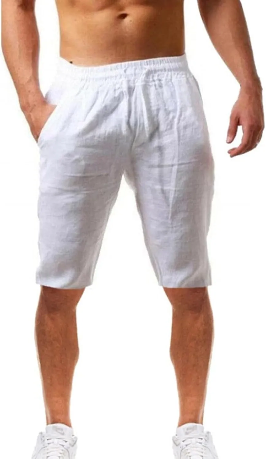 Mens Cotton Linen Shorts Elastic Waist Drawstring Summer Pant Baggy Cool Lightweight Outing Lounge Shorts with Pocket