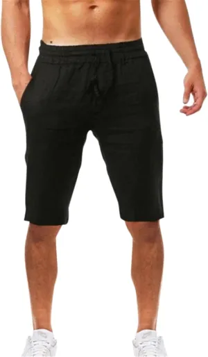 Mens Cotton Linen Shorts Elastic Waist Drawstring Summer Pant Baggy Cool Lightweight Outing Lounge Shorts with Pocket