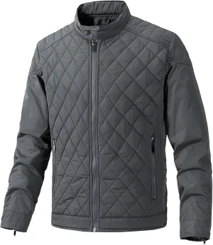 Mens Diamond Quilted Bomber Jacket Stand Collar Lightweight Varsity Jackets Winter Warm Padded Coats Outwear
