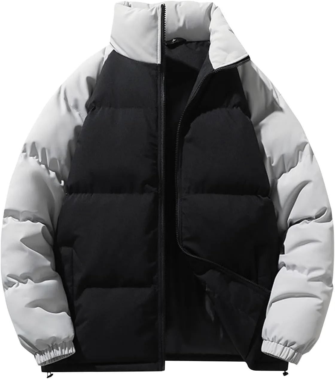 Men's Down Puffer Jacket Winter Warm Coats Color Block Stand Collar Cotton Padded Windproof Outerwear