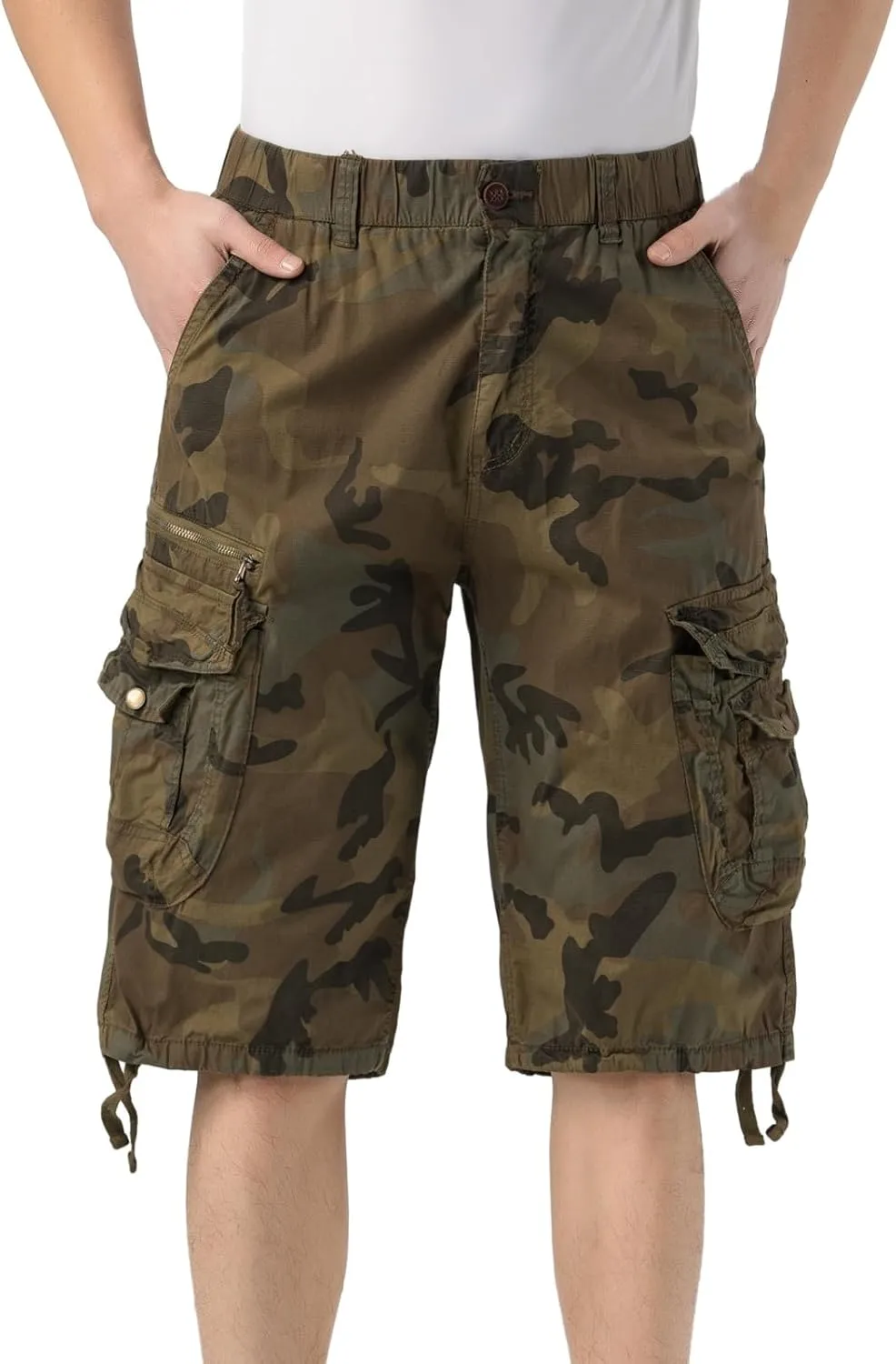 Mens Elastic Waist Cargo Shorts Zipper Pocket Relaxed fit Stretch Lightweight Cotton Camo Cargo Shorts for Men
